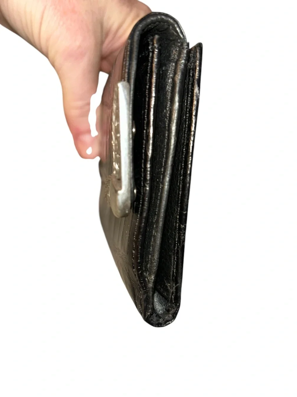 Brighton Black Croc-Embossed Wallet with Silver Corner Accents